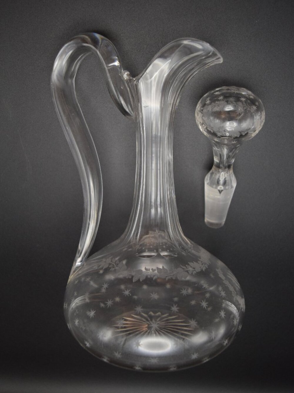 Antique Etched Crystal Shaft & Globe Decanter w/ Handle & Etched Stopper